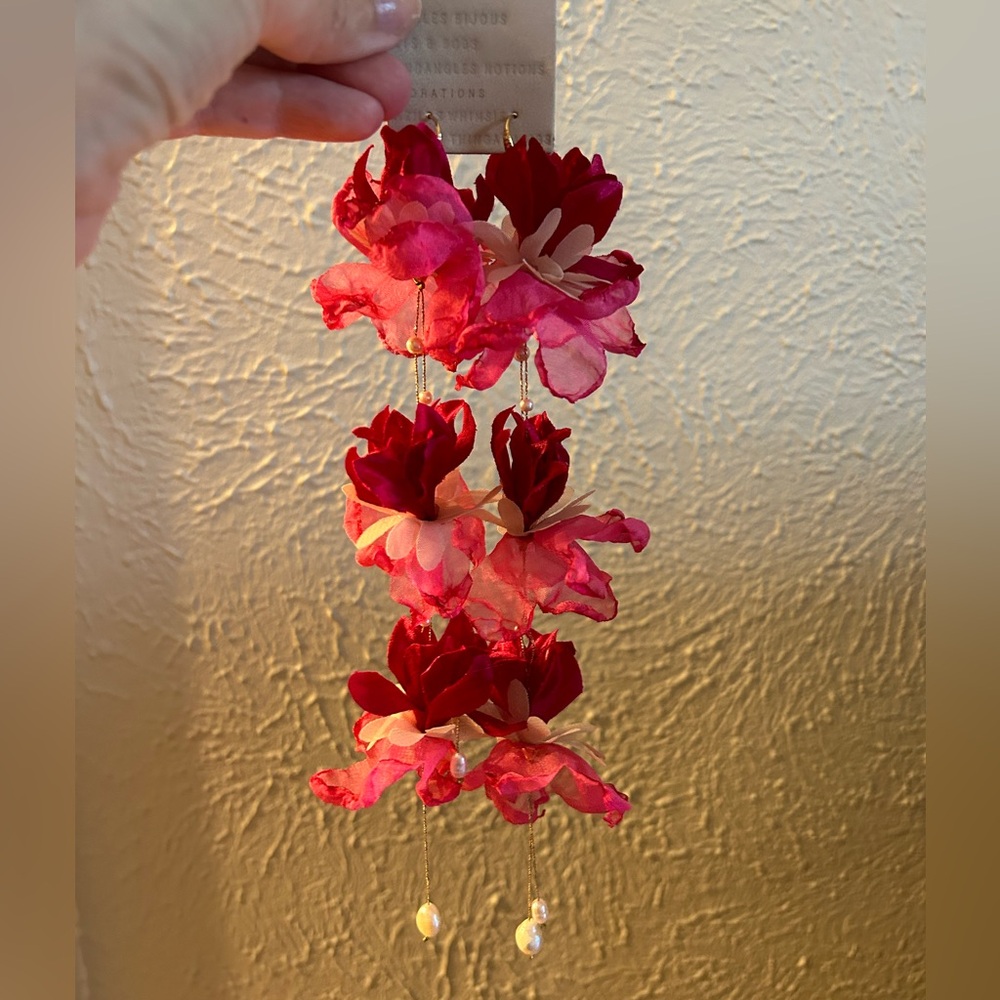 Anthro floral and pearl long statement earrings
